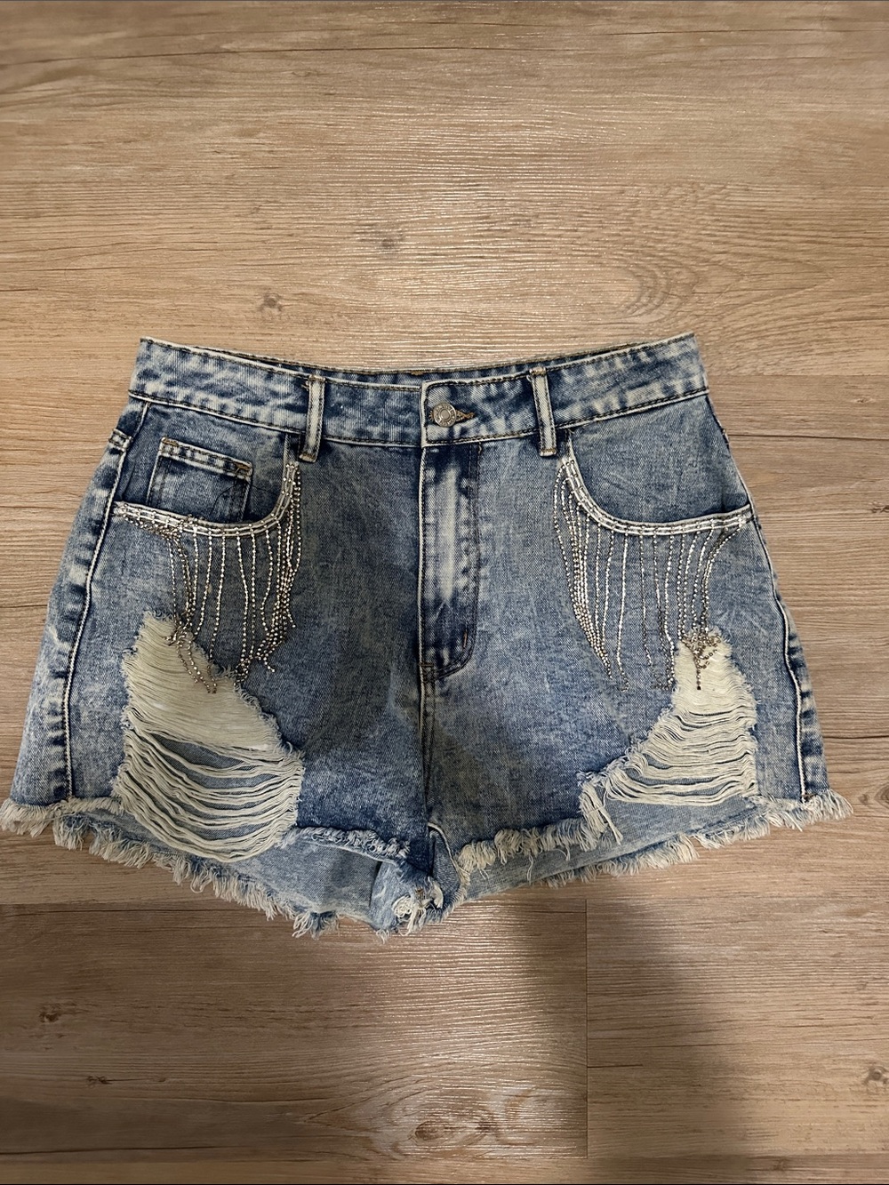 Rhinestone Fringe Distressed Denim Shorts - Blue